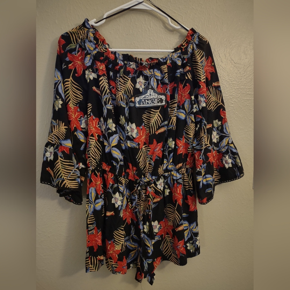 Angie Off-Shoulder Black Tropical Floral Romper – Boho Chic Size Large - Picture 3 of 11